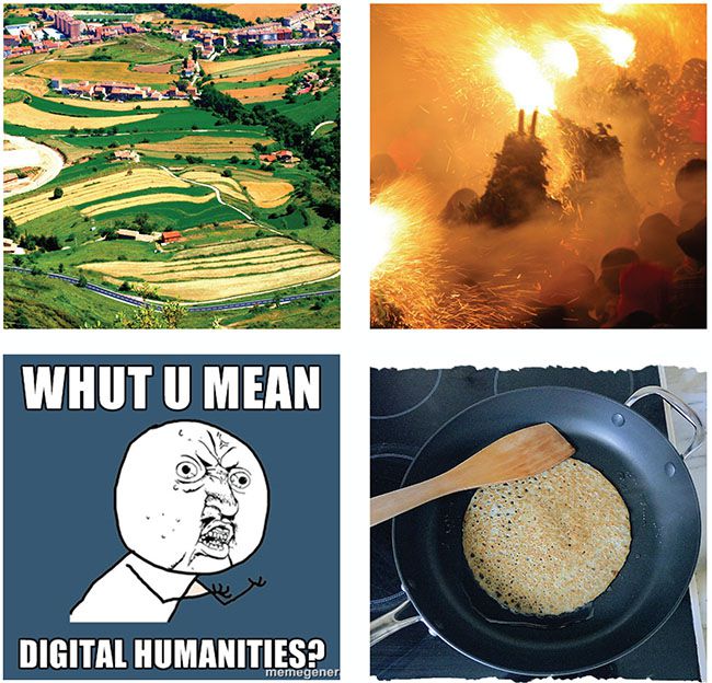 Four images showing different pieces of art, one being a meme that makes fun of digital humanities.