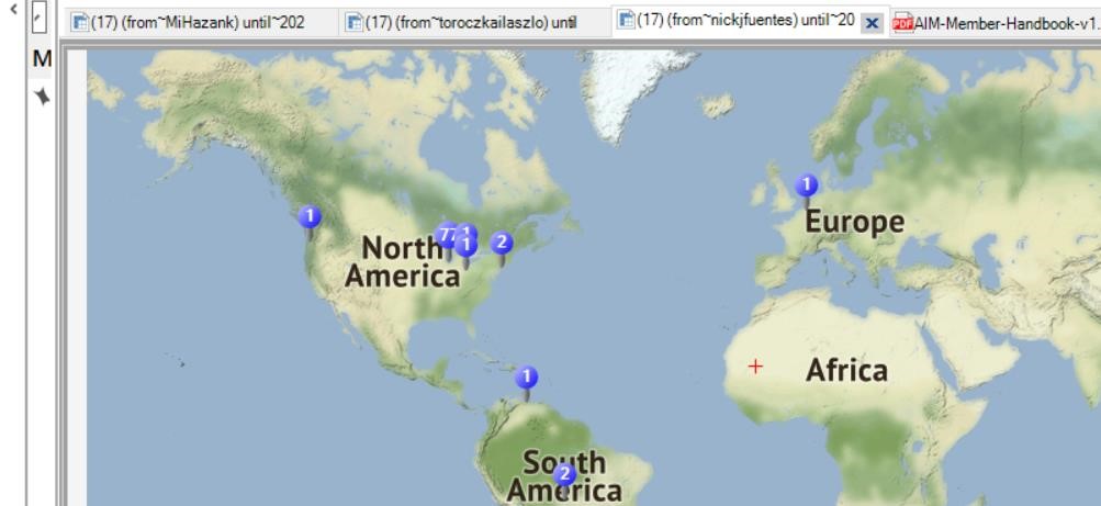 A map displaying retweet interactions from Nicholas J. Fuentes' Twitter page. There are several pins scattered across the United States, several pins in South America, and one pin in mainland Europe.
